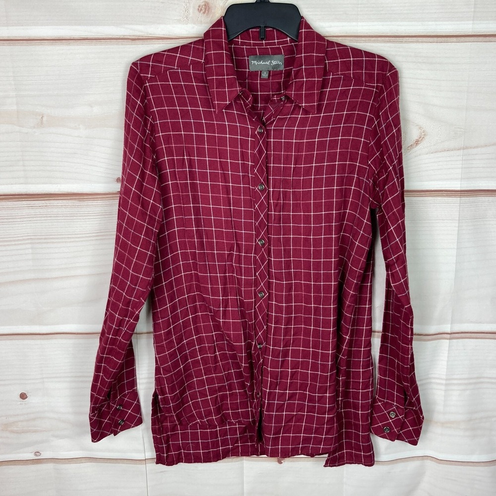 Michael Stars Top Womens M Red White Windowpane Button Up Shirt Tunic Collar